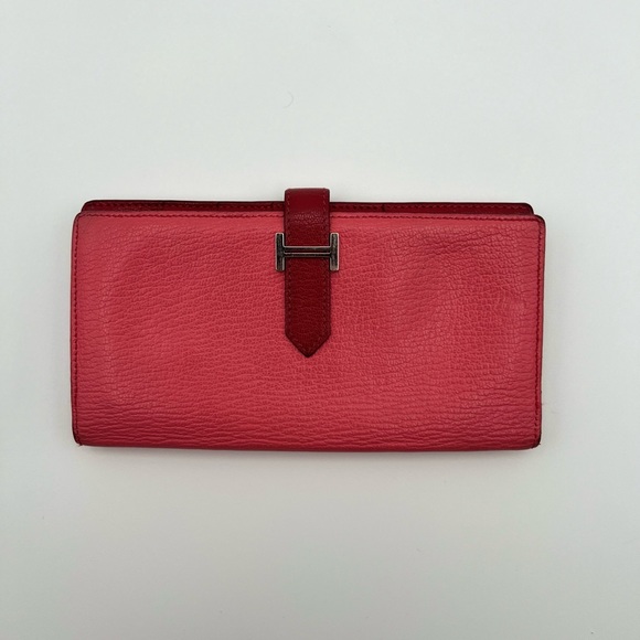 Hermes Chèvre Mysore Bi-Color Bearn Gusset Wallet Rose Lipstick Rouge Casaque - Picture 1 of 12
